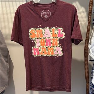 Jane Marie Burgundy V-Neck Tee with Pink & Orange Accents “small town mama”.